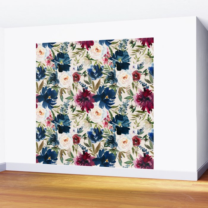 Burgundy Navy Cream Floral Watercolor Pattern B Wall Mural Gallery Image 2