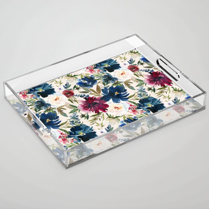 Burgundy Navy Cream Floral Watercolor Pattern B Acrylic Tray Gallery Image 1