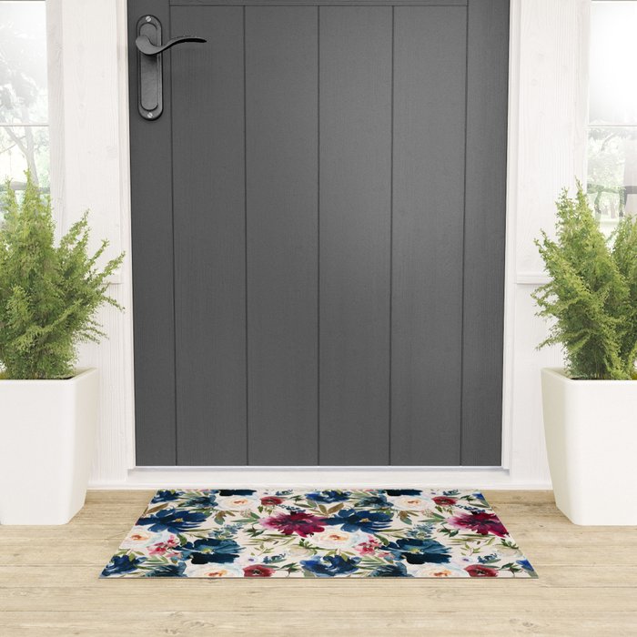 Burgundy Navy Cream Floral Watercolor Pattern B Welcome Mat Gallery Image 3