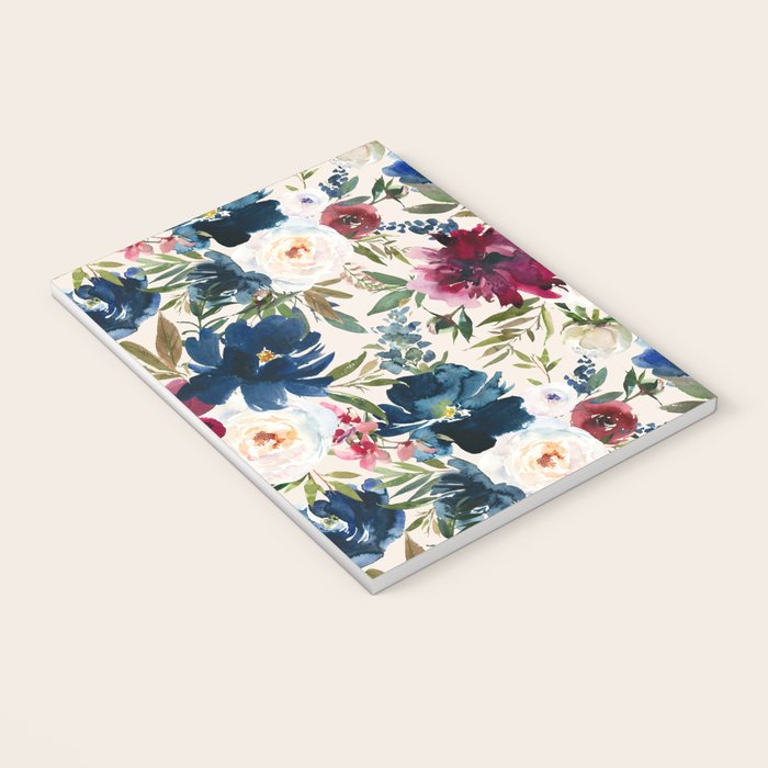 Burgundy Navy Cream Floral Watercolor Pattern B Notebook Gallery Image 3
