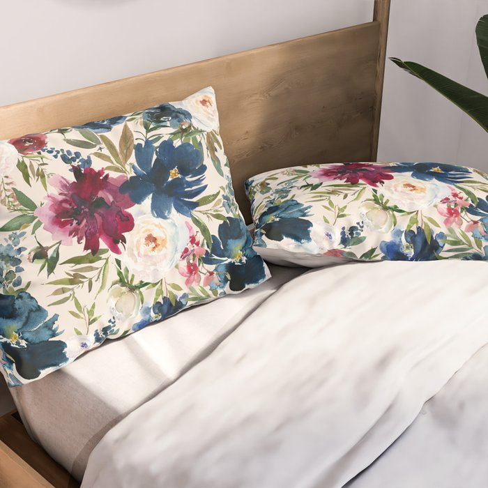 Burgundy Navy Cream Floral Watercolor Pattern B Pillow Sham Gallery Image 2
