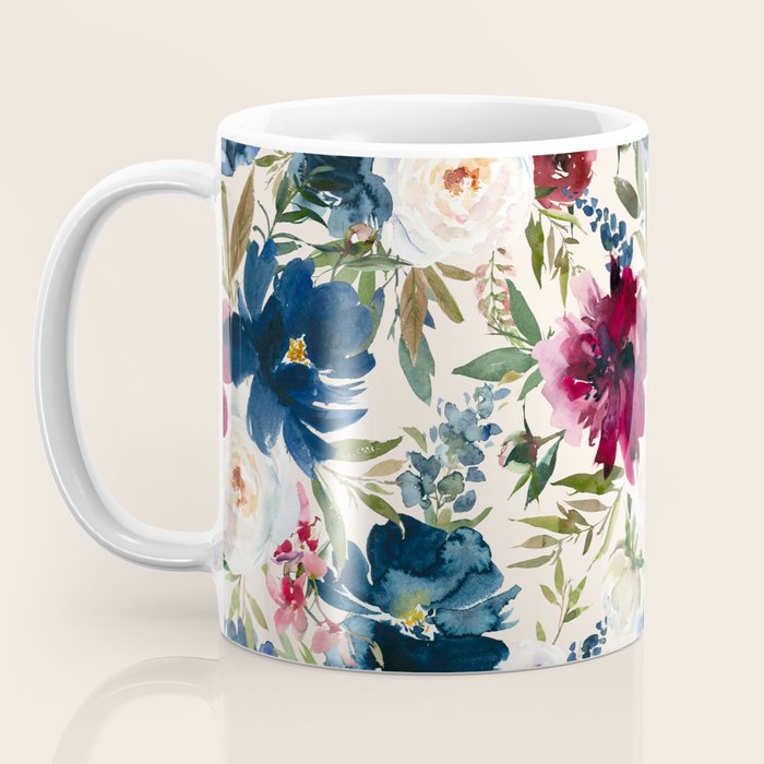 Burgundy Navy Cream Floral Watercolor Pattern B Coffee Mug Gallery Image 3