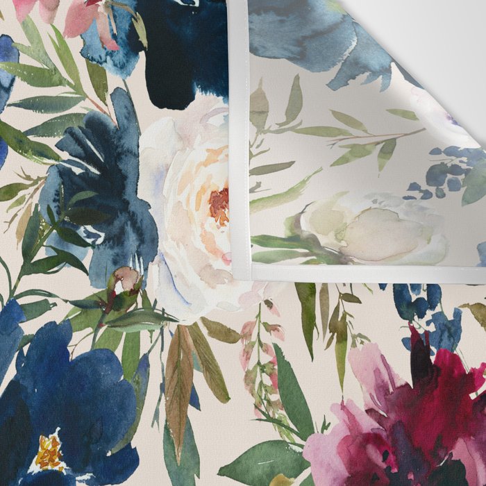 Burgundy Navy Cream Floral Watercolor Pattern B Wall Tapestry Gallery Image 3