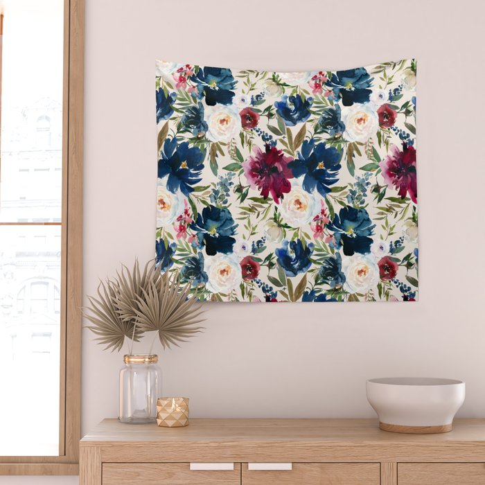 Burgundy Navy Cream Floral Watercolor Pattern B Wall Tapestry Gallery Image 2