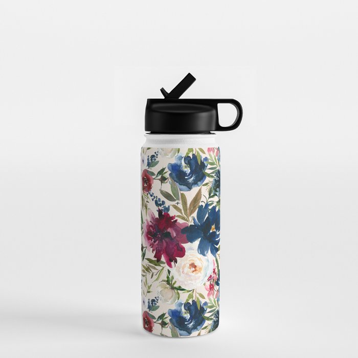 Burgundy Navy Cream Floral Watercolor Pattern B Water Bottle