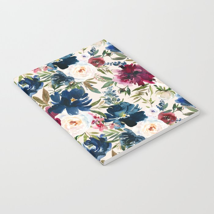 Burgundy Navy Cream Floral Watercolor Pattern B Notebook Gallery Image 1