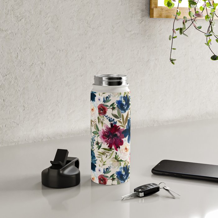 Burgundy Navy Cream Floral Watercolor Pattern B Water Bottle Gallery Image 4