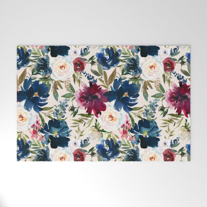 Burgundy Navy Cream Floral Watercolor Pattern B Welcome Mat Gallery Image 1