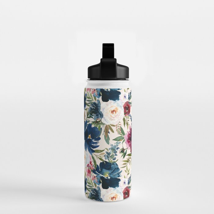 Burgundy Navy Cream Floral Watercolor Pattern B Water Bottle Gallery Image 2