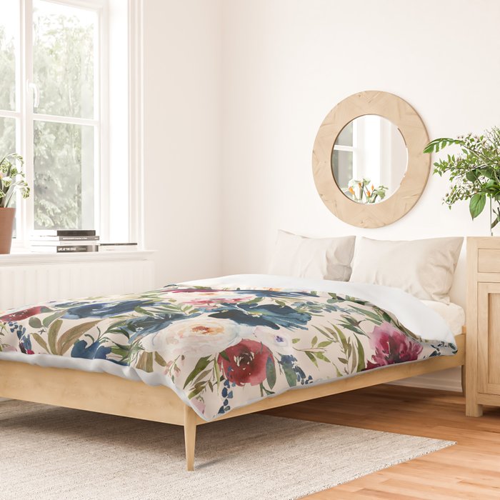 Burgundy Navy Cream Floral Watercolor Pattern B Duvet Cover Gallery Image 2