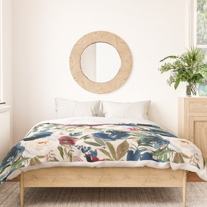 Burgundy Navy Cream Floral Watercolor Pattern B Duvet Cover Gallery Image 3