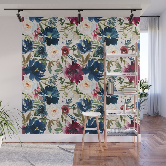 Burgundy Navy Cream Floral Watercolor Pattern B Wall Mural Gallery Image 1