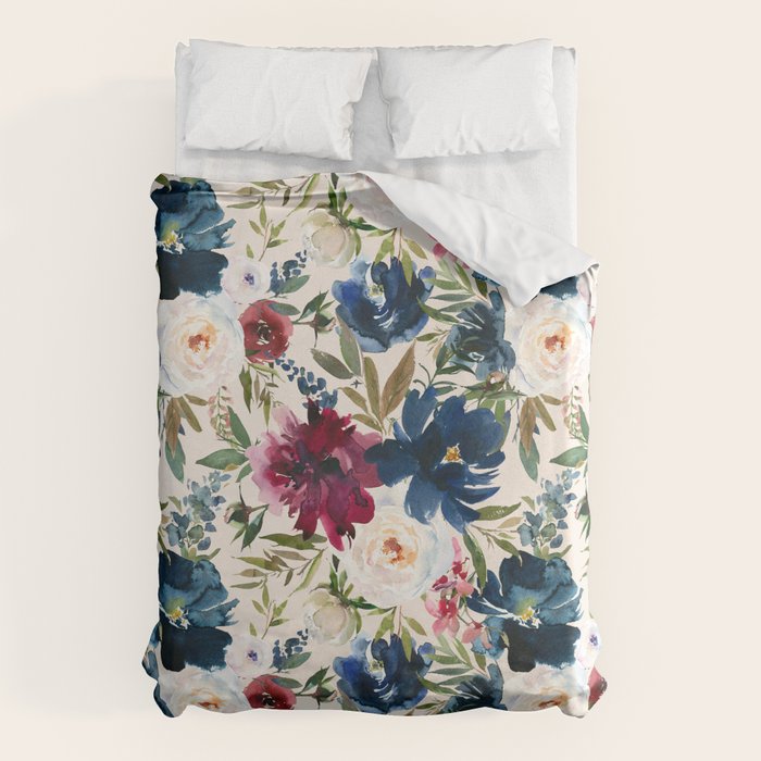 Burgundy Navy Cream Floral Watercolor Pattern B Duvet Cover Gallery Image 1
