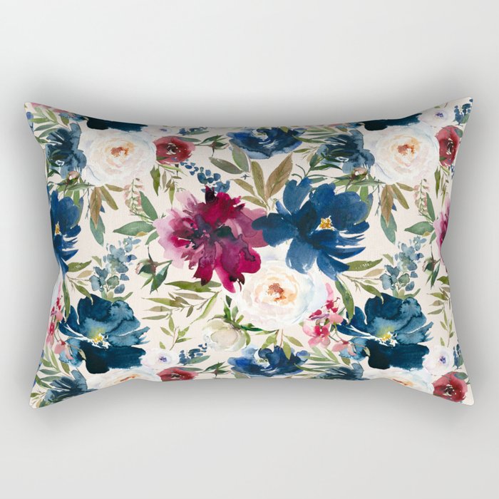 Burgundy Navy Cream Floral Watercolor Pattern B Rectangular Pillow Gallery Image 1