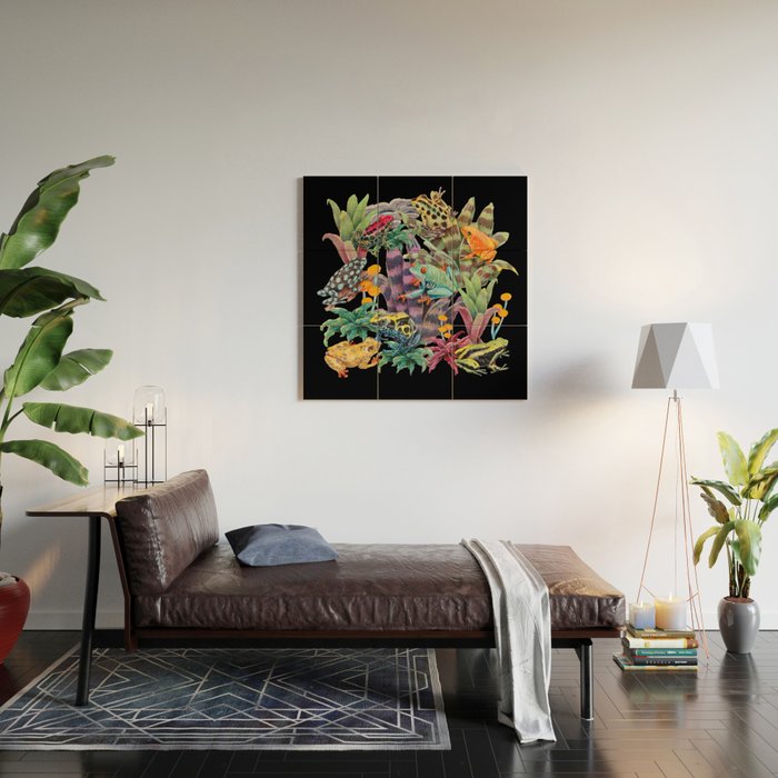 Tropical frogs and plant - black Wood Wall Art Gallery Image 2
