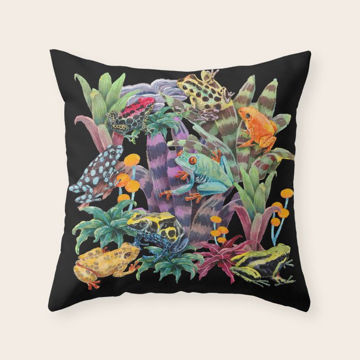 Tropical frogs and plant - black Throw Pillow Gallery Image 1