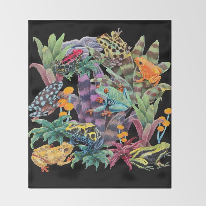 Tropical frogs and plant - black Throw Blanket Gallery Image 2