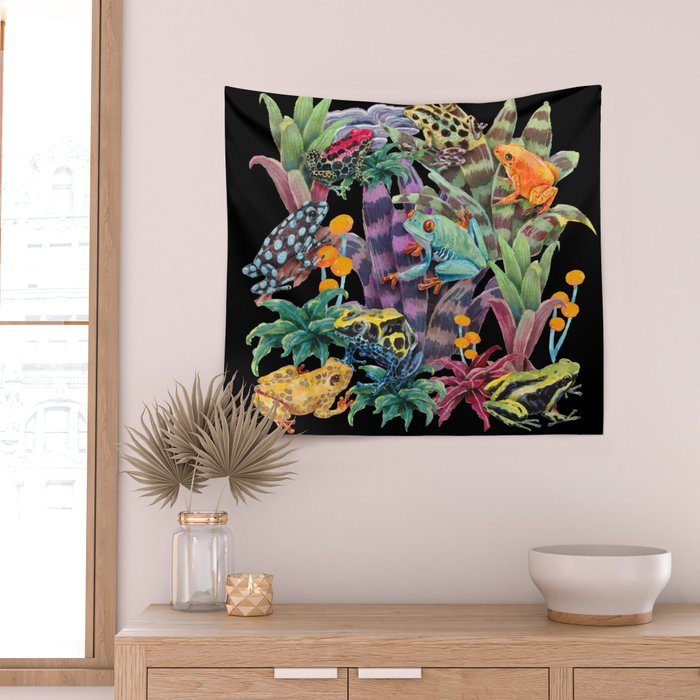 Tropical frogs and plant - black Wall Tapestry Gallery Image 2
