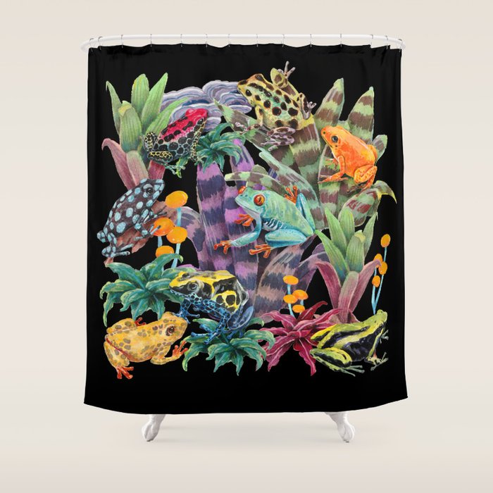 Tropical frogs and plant - black Shower Curtain Gallery Image 1