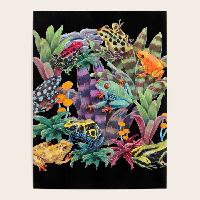 Tropical frogs and plant - black Poster Gallery Image 1