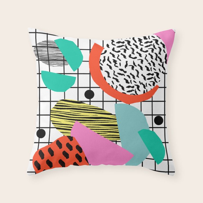 Posse - 1980's style throwback retro neon grid pattern shapes 80's memphis design neon pop art Throw Pillow Gallery Image 6