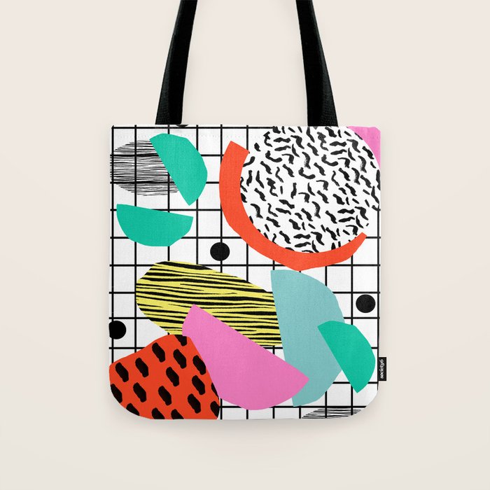 Posse - 1980's style throwback retro neon grid pattern shapes 80's memphis design neon pop art Tote Bag Gallery Image 1