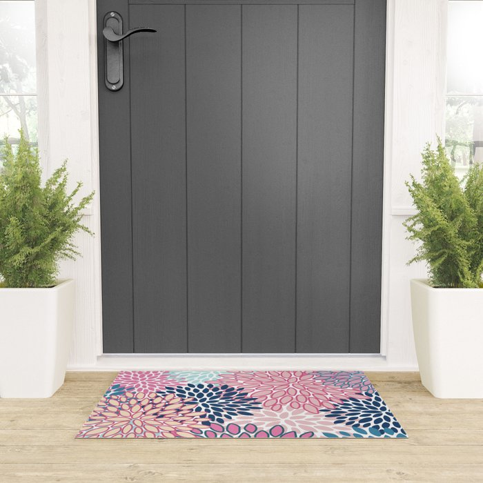 Festive, Floral Prints, Pink and Navy Blue Welcome Mat Gallery Image 3