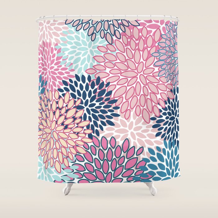 Festive, Floral Prints, Pink and Navy Blue Shower Curtain Gallery Image 1
