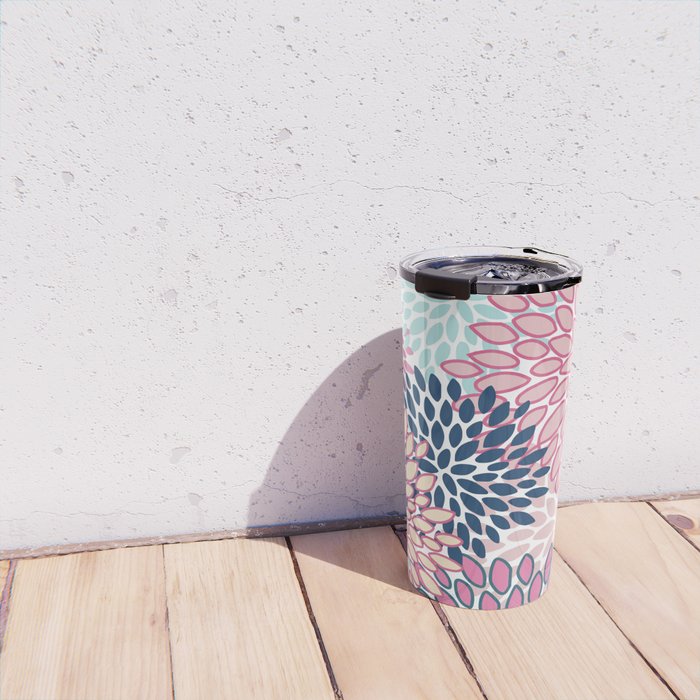 Festive, Floral Prints, Pink and Navy Blue Travel Mug Gallery Image 4