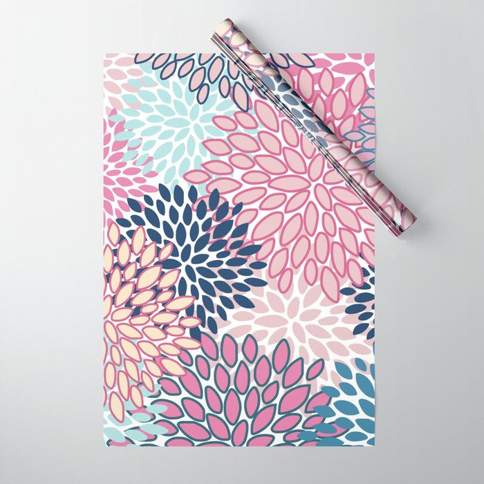 Festive, Floral Prints, Pink and Navy Blue Wrapping Paper Gallery Image 1