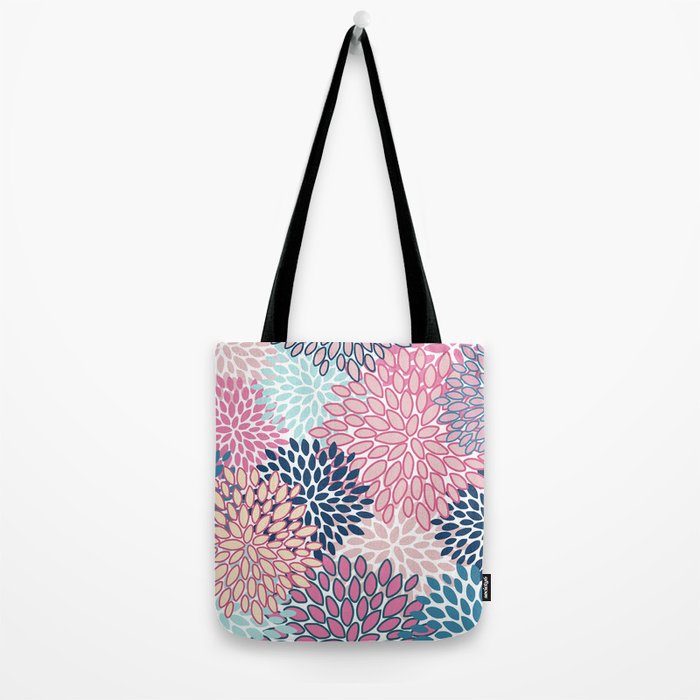 Festive, Floral Prints, Pink and Navy Blue Tote Bag Gallery Image 2