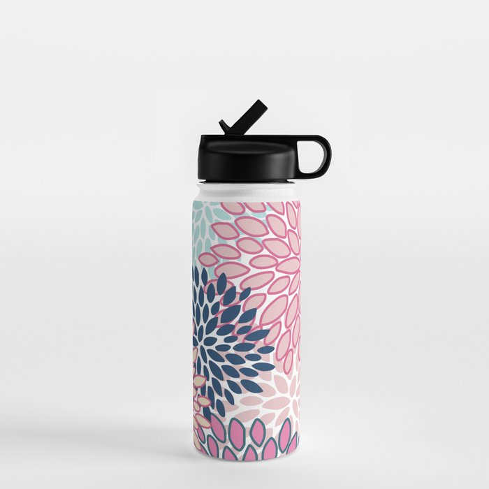Festive, Floral Prints, Pink and Navy Blue Water Bottle Gallery Image 1