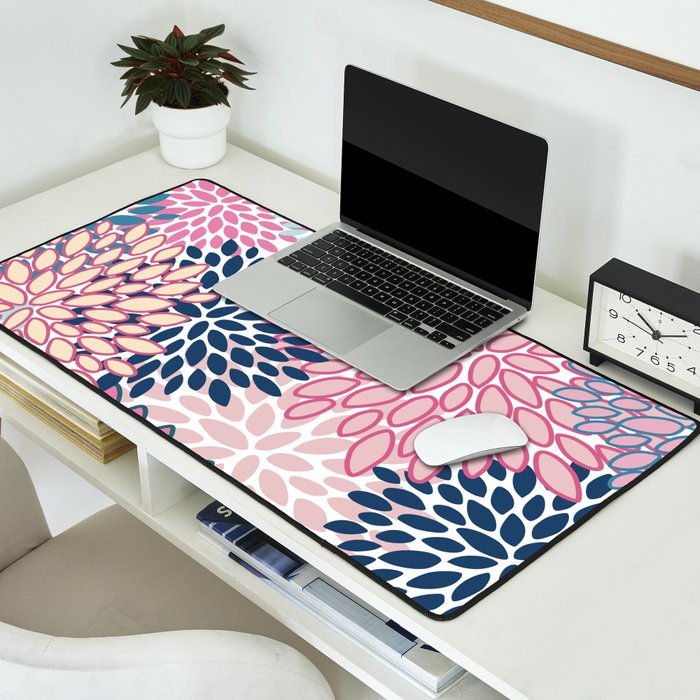 Festive, Floral Prints, Pink and Navy Blue Desk Mat Gallery Image 2
