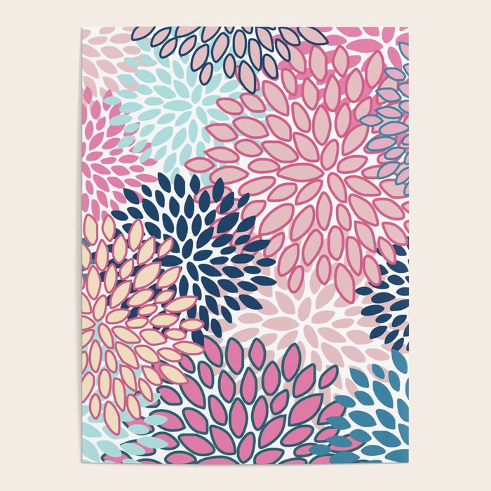Festive, Floral Prints, Pink and Navy Blue Poster Gallery Image 1