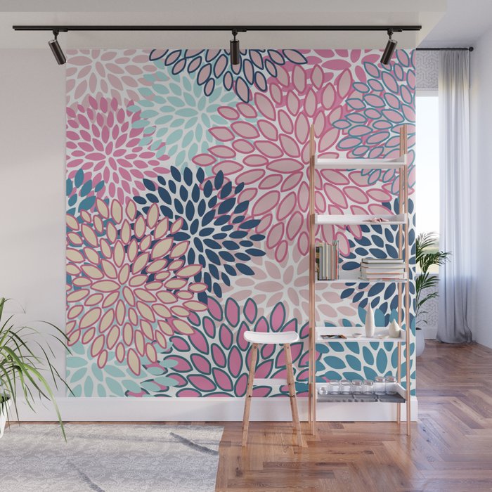 Festive, Floral Prints, Pink and Navy Blue Wall Mural Gallery Image 1