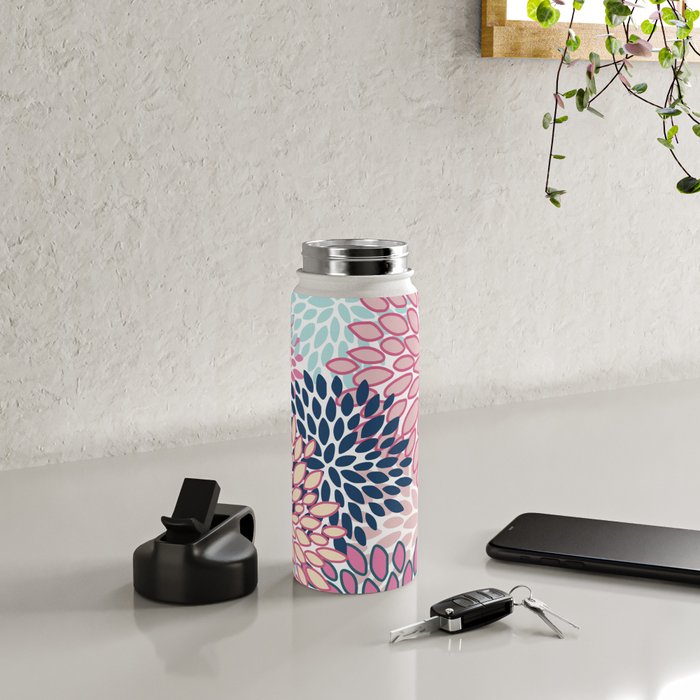 Festive, Floral Prints, Pink and Navy Blue Water Bottle Gallery Image 4