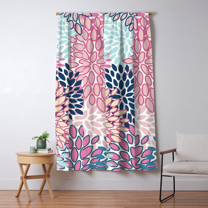 Festive, Floral Prints, Pink and Navy Blue Window Curtain Gallery Image 1