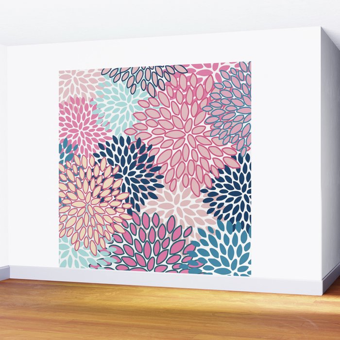 Festive, Floral Prints, Pink and Navy Blue Wall Mural Gallery Image 2