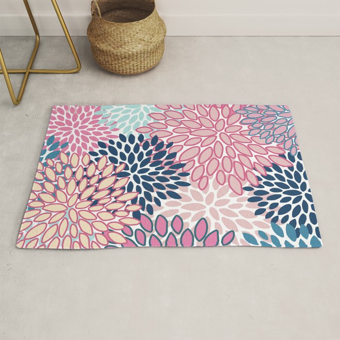 Festive, Floral Prints, Pink and Navy Blue Rug Gallery Image 1