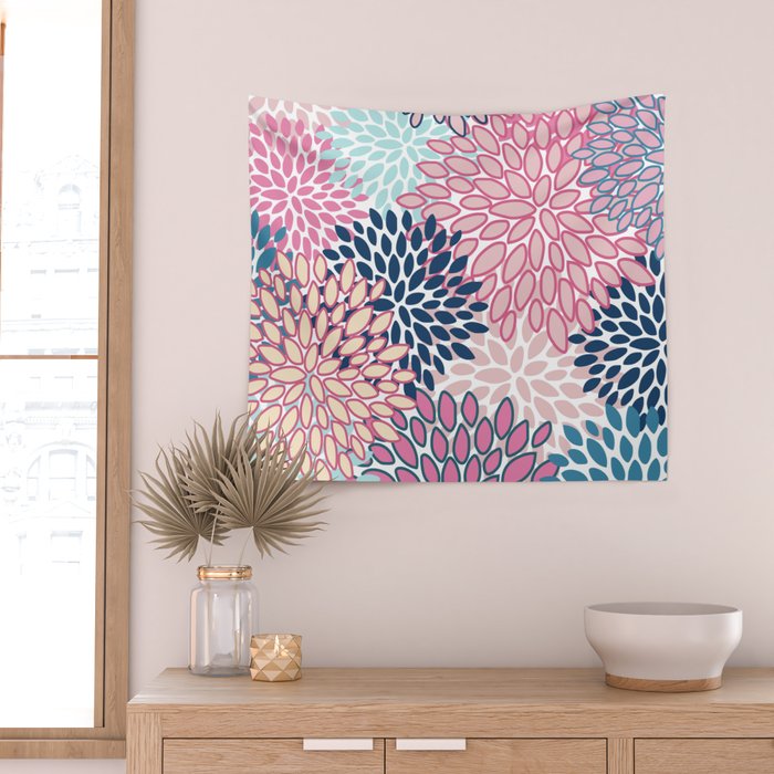 Festive, Floral Prints, Pink and Navy Blue Wall Tapestry Gallery Image 2