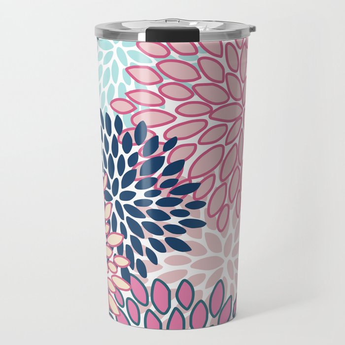 Festive, Floral Prints, Pink and Navy Blue Travel Mug Gallery Image 1
