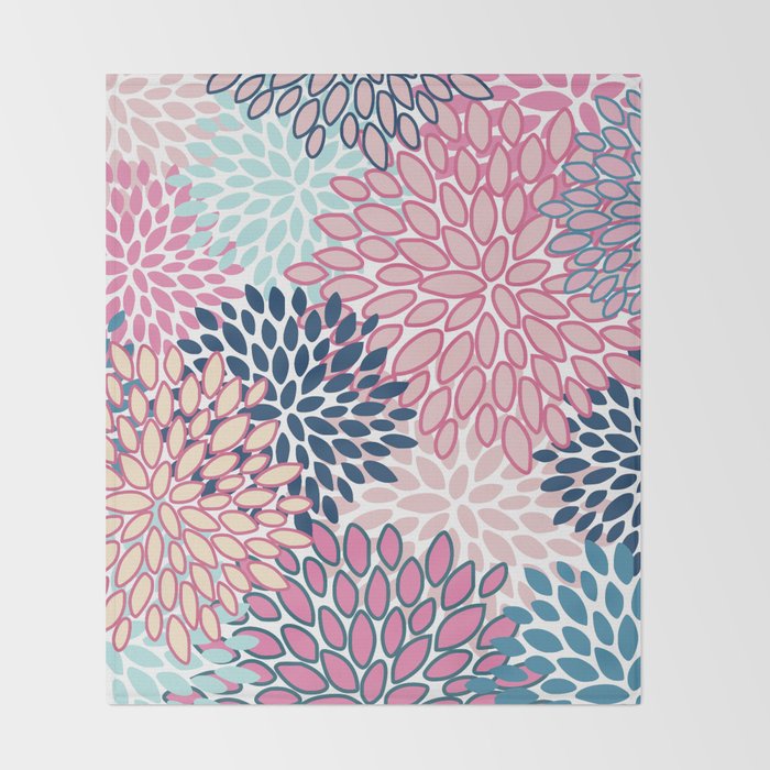 Festive, Floral Prints, Pink and Navy Blue Throw Blanket Gallery Image 2
