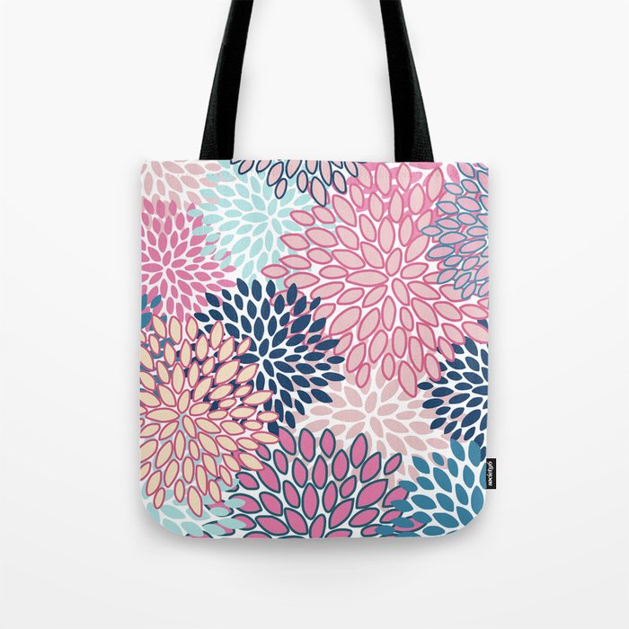 Festive, Floral Prints, Pink and Navy Blue Tote Bag Gallery Image 1