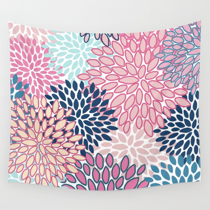 Festive, Floral Prints, Pink and Navy Blue Wall Tapestry Gallery Image 4