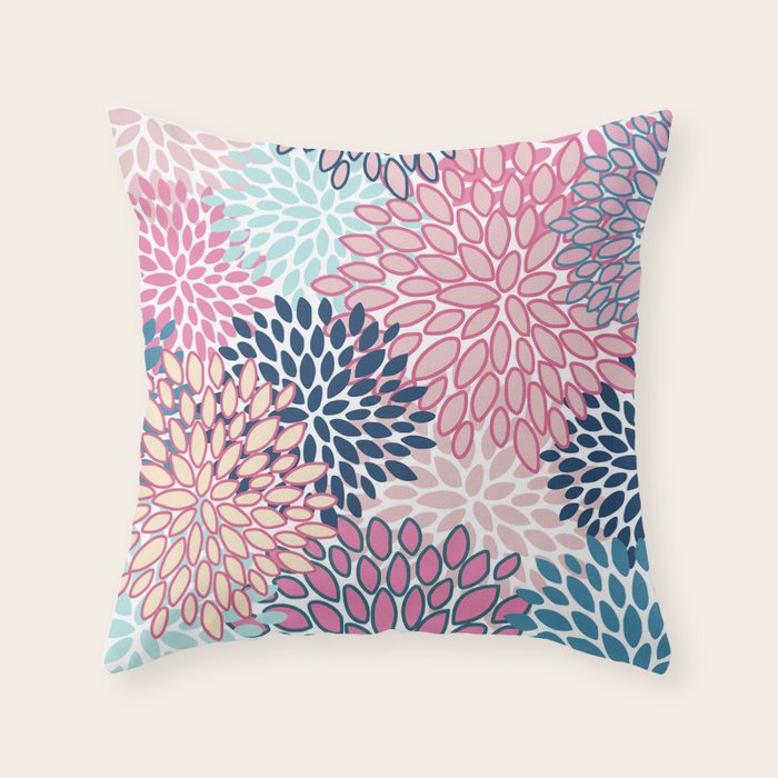 Festive, Floral Prints, Pink and Navy Blue Throw Pillow Gallery Image 1