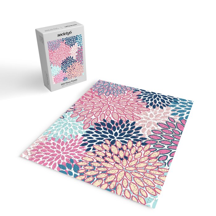 Festive, Floral Prints, Pink and Navy Blue Jigsaw Puzzle Gallery Image 2