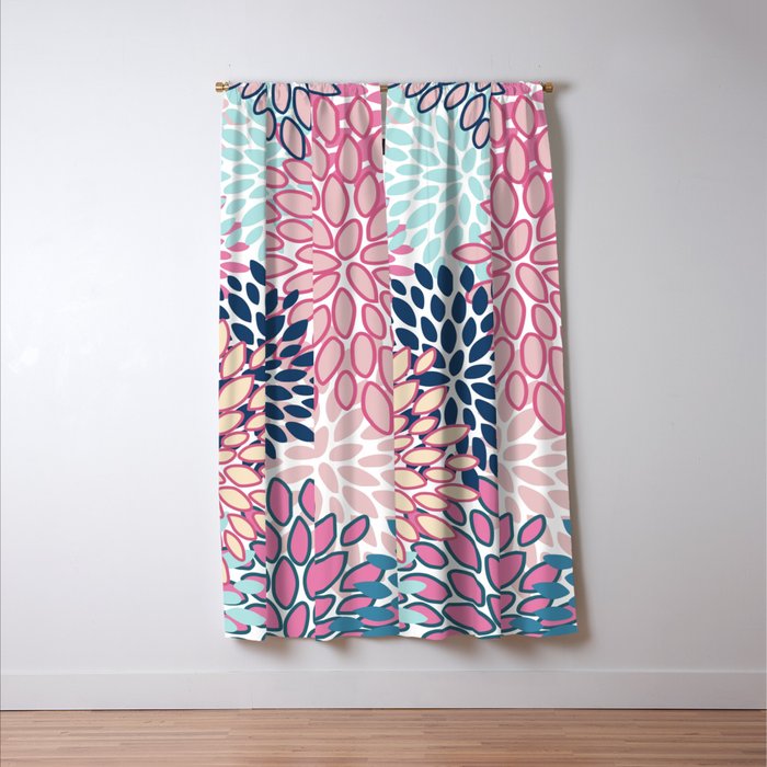 Festive, Floral Prints, Pink and Navy Blue Window Curtain Gallery Image 3