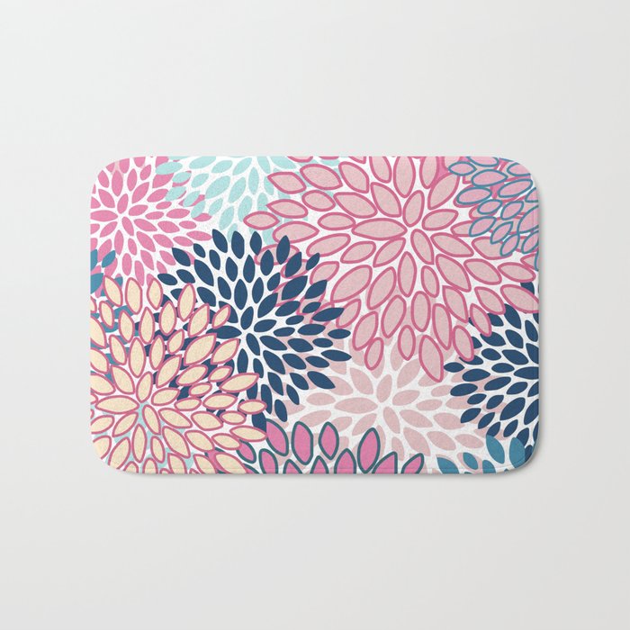 Festive, Floral Prints, Pink and Navy Blue Bath Mat Gallery Image 1