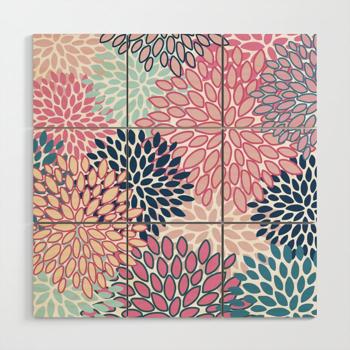 Festive, Floral Prints, Pink and Navy Blue Wood Wall Art Gallery Image 1