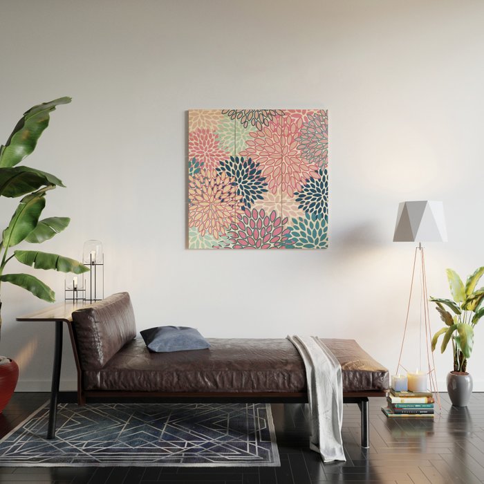 Festive, Floral Prints, Pink and Navy Blue Wood Wall Art Gallery Image 2